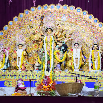 Goddess Durga with traditional look in close up view at a South Kolkata Durga Puja, Durga Puja Idol, A biggest Hindu Navratri festival in India photo