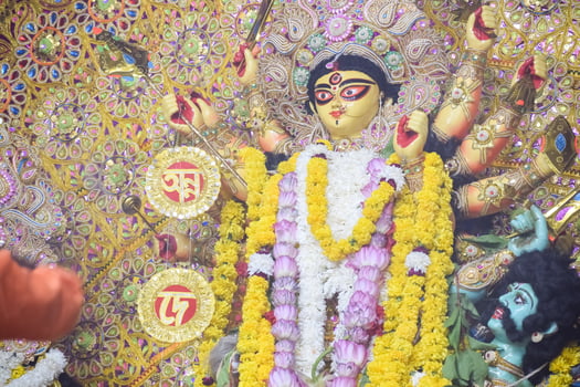 Goddess Durga with traditional look in close up view at a South Kolkata Durga Puja, Durga Puja Idol, A biggest Hindu Navratri festival in India photo