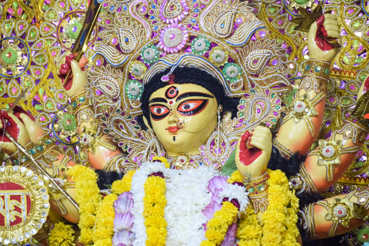 Goddess Durga with traditional look in close up view at a South Kolkata Durga Puja, Durga Puja Idol, A biggest Hindu Navratri festival in India photo