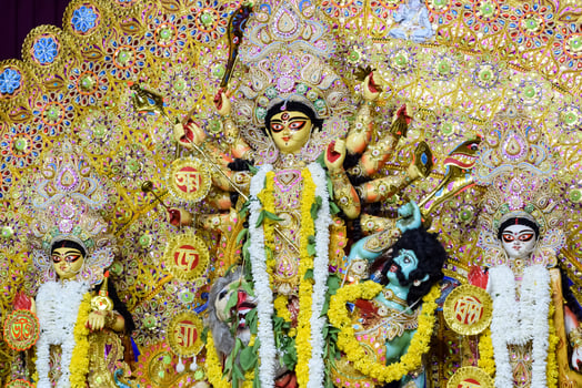 Goddess Durga with traditional look in close up view at a South Kolkata Durga Puja, Durga Puja Idol, A biggest Hindu Navratri festival in India photo