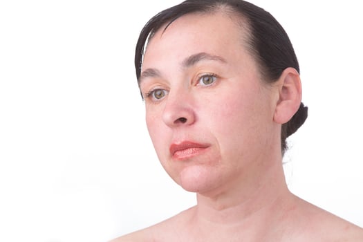 Close-up face of a mature woman without retouching. Signs of skin aging after 40 photo