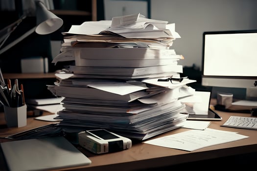 A large stack of papers in the office on the desk. Business analytics. photo