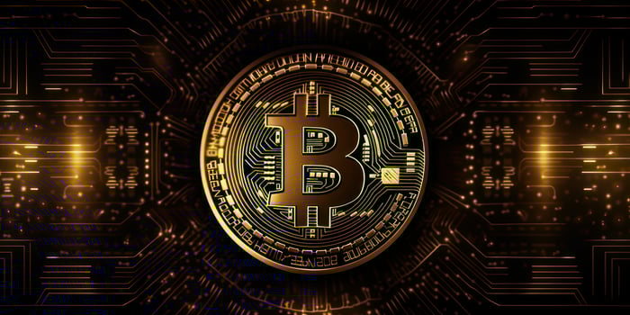 Crypto currency golden bitcoin background, Digital financial investment concept. photo