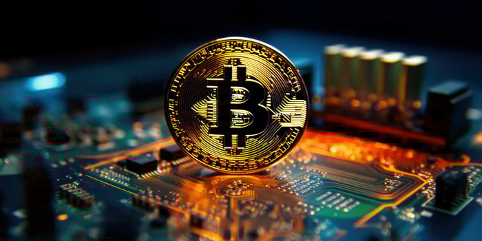 Golden bitcoin with computer circuit background, Crypto currency investment concept. photo