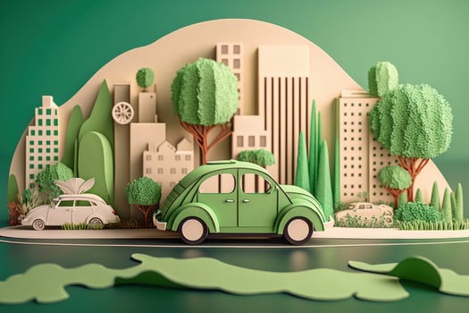 Eco friendly car with cityscape paper cut style, Renewable and sustainable energy concept. photo