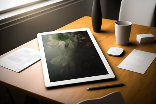 Mockup of modern laptop, smartphone, mac, pc, tablet on the table photo