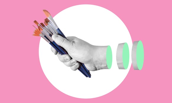 Contemporary art collage depicting hands holding a brush. Concept of art, creativity, imagination. photo