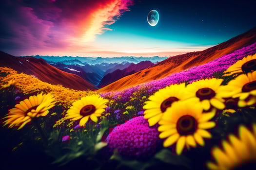 Fantasy landscape with flowers, mountains and moon. photo