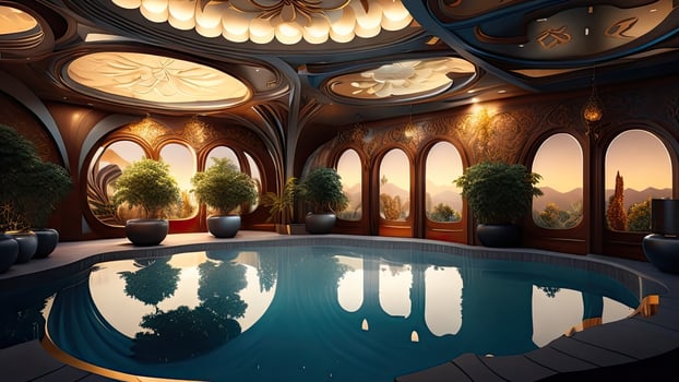 Interior of a hotel room with a swimming pool. photo