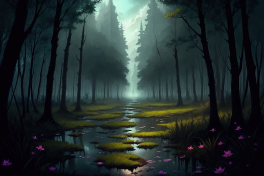 sky view horizon a path in a dark swamp by photo