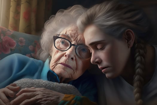 illustration of American great grandmother consoling teen girl, sofa, laying in lap photo
