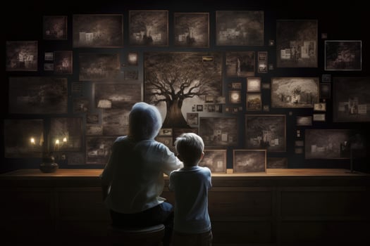 Family tree with portraits of relatives. Genealogy concept. photo
