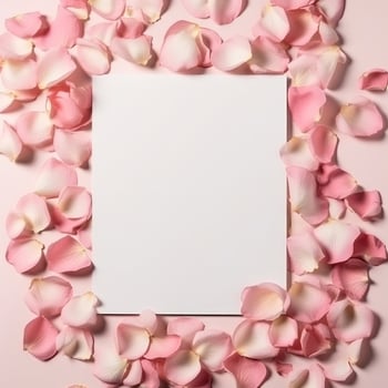 Empty white card mockup on rose petals background. Illustration photo