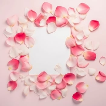 Empty white card mockup on rose petals background. Illustration photo
