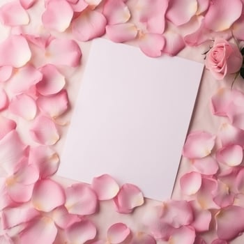 Empty white card mockup on rose petals background. Illustration photo
