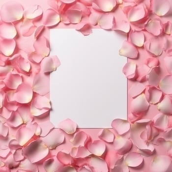 Empty white card mockup on rose petals background. Illustration photo