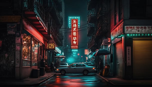 Moody monochrome view of Doyers Street by night, in NYC Chinatown, Generativ Ai photo