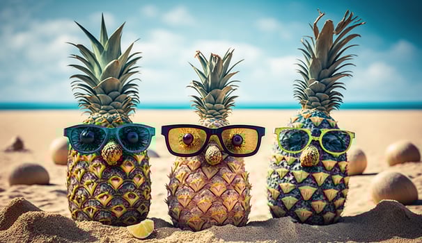 Family of funny attractive pineapples in stylish sunglasses on the sand against turquoise sea. Tropical summer vacation concept. photo