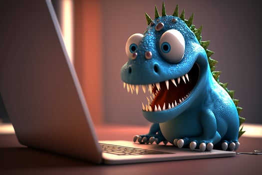 A toy dragon, a dinosaur looks excitedly into a notebook. photo