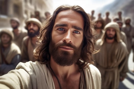 Jesus takes selfies. Portrait of a man who looks like Christ taking pictures of himself and his friends. photo