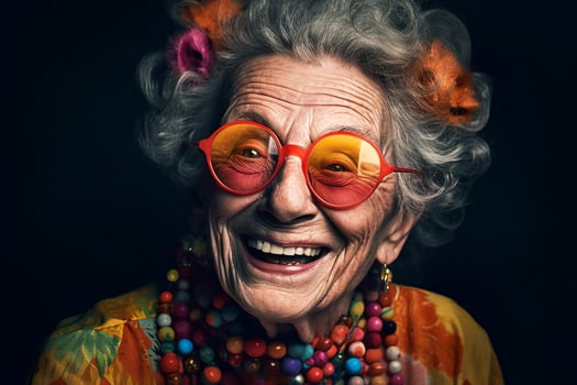 Portrait of an old smiling grandmother wearing sunglasses. The youth of the soul. photo