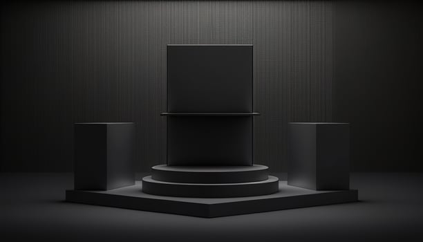 Realistic 3D black theme podium for product display. photo