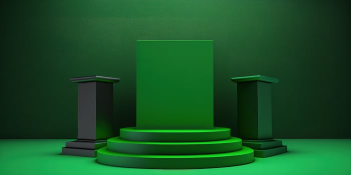 Realistic 3D green theme podium for product display. photo