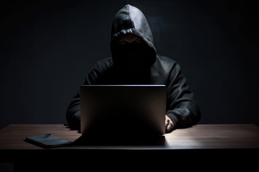 Hacker wearing black hoodie using laptop computer while working on dark background. photo