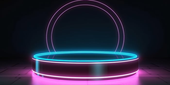 , Sci-Fi Futuristic neon glowing banner with podium. Abstract cyberpunk background for promotion goods. Mockup template photo