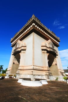 Beautiful ancient Patuxay Monument is triumphal arch landmark and famous in Vientiane Province, Laos photo