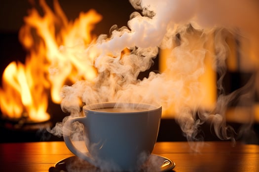 Coffee cup with steam on wooden table and black background. photo