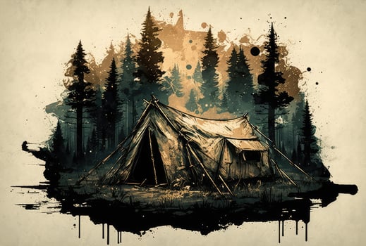 Tent in forest landscape, grunge style. photo