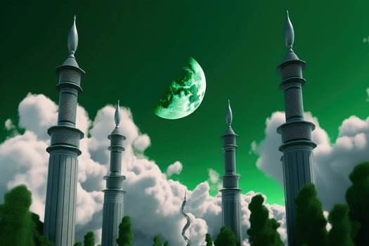 Muslim holiday Ramadan, mosque in the clouds in the night of the crescent moon. . photo