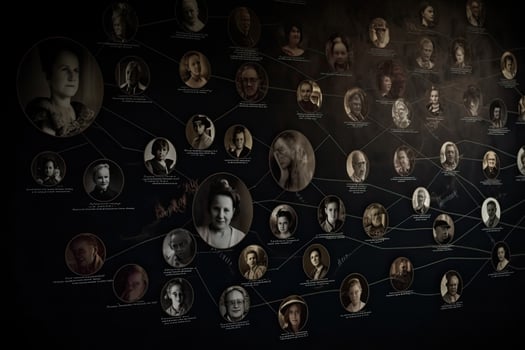 Family tree with portraits of relatives. Genealogy concept. photo