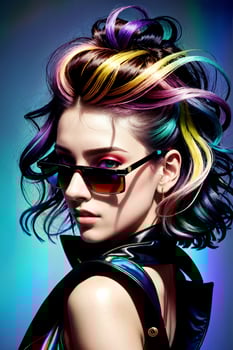 Fashion show, fashion model. Beautiful sexy woman with bright hair and sunglasses, wearing a black top on her shoulders and on a blue background, cyberpunk art. photo