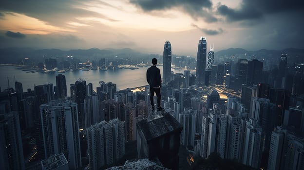 A man stands on a skyscraper and looks out over an evening Hong Kong city. photo
