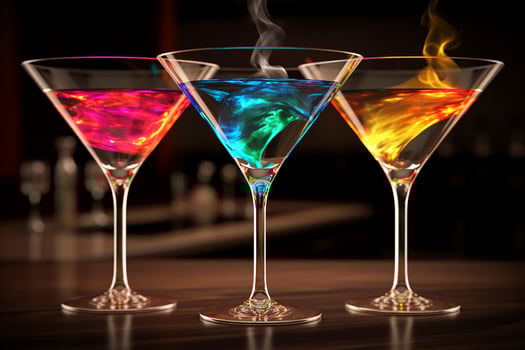 Bright cocktails in glass cocktail glasses. Black background. photo