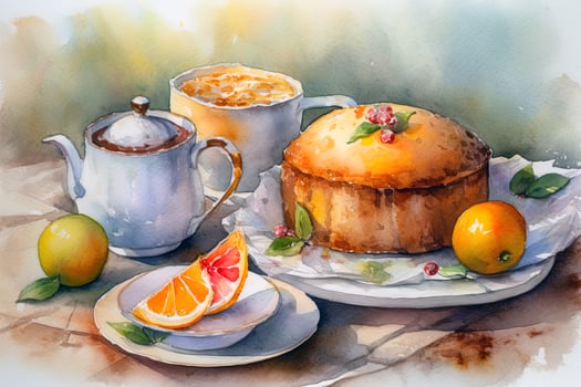 watercolor still life with cupcake, teapot, cup, lemon and orange photo