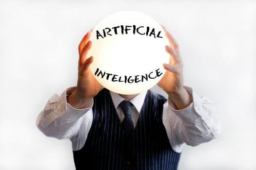Businessman with a big shiny lamp instead of a head, with the word Artificial Intelligence written on it photo