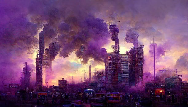 Wonderful 3D art, Dystopic cyberpunk city with smoke and purple sky. photo