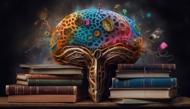 Brain with Colorful Gears and Books on Dark Background, Representing Education, Creativity, and Intellectual Growth. photo