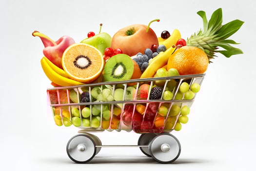 A supermarket cart full of different fruits and vegetables. White background. photo