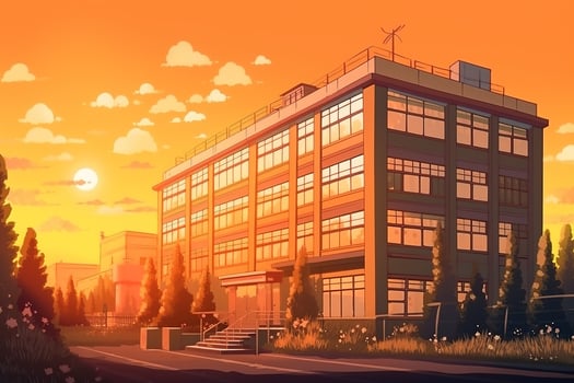 School building on a sunset without people in anime style. . photo