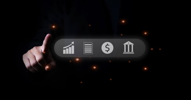 businessman investor plan and strategy, bank icon trade chart graph Stock market, Business Growth finance concept black background photo