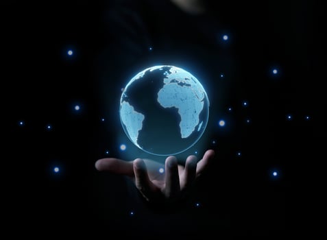 businessman holding global world network investor plan and strategy, Business Growth finance concept world map black data background photo