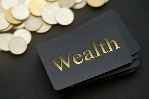Business concept wealth gold word money plan and strategy, bank trade Stock market, money Business Growth finance background. photo