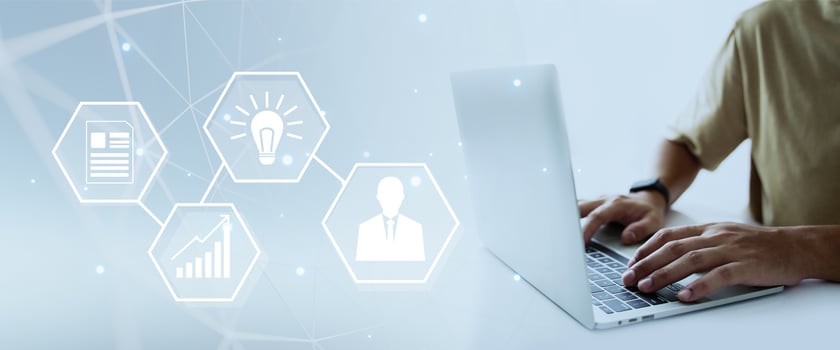 management concept. Businessman with laptop or notebook and business process icon human resources background photo