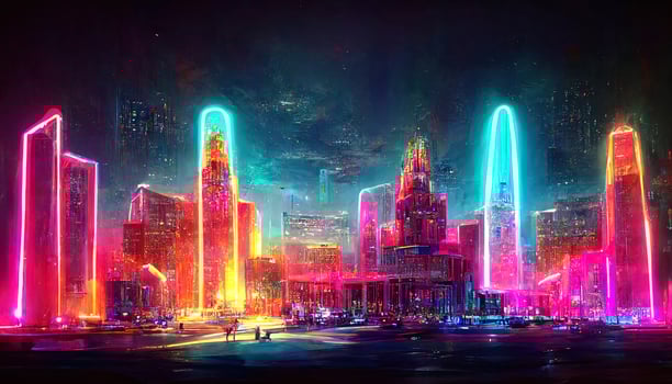 Background with night city in neon lights. photo