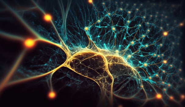 , Conceptual illustration of neuron cells with glowing link knots in abstract dark space, high resolution. Human nervous system, neural network photo