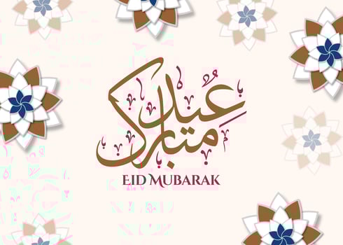 Eid mubarak Eid al-Adha cover card, Drawn mosque night view from arch. Arabic design background. Handwritten greeting card. Vector illustration photo